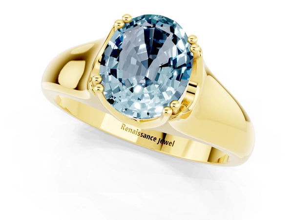 Yellow gold Oval Cut Aquamarine Solitaire Ring with Wide Band and Prong Setting
