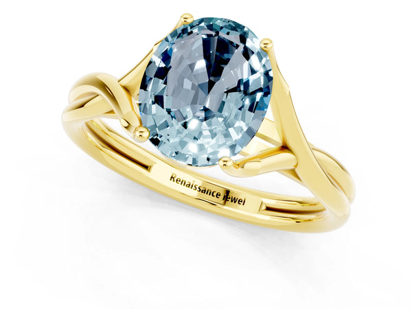 Yellow gold Oval Cut Aquamarine Solitaire Twist Band Prong Setting Ring