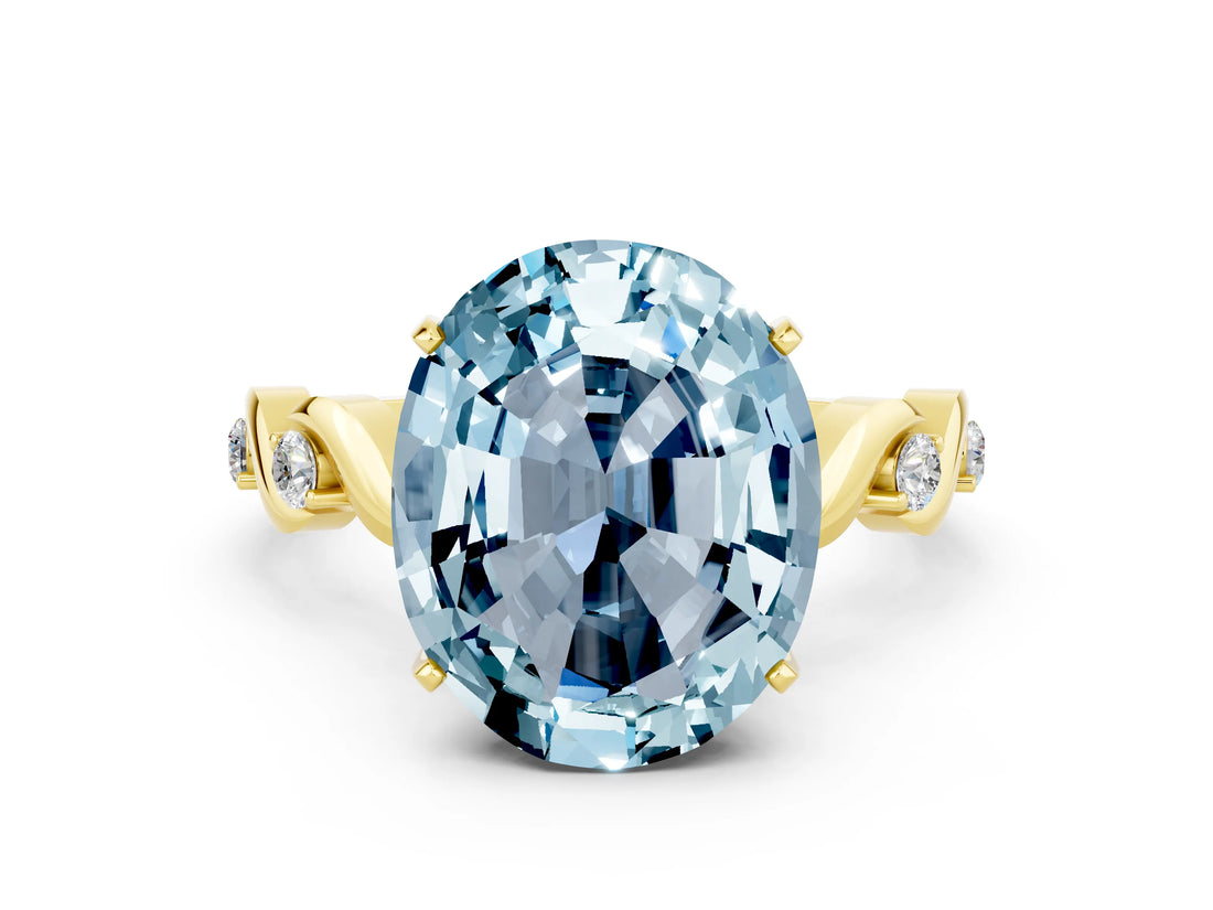 Yellow gold Oval Cut Aquamarine Solitaire Twisted Band with Round  Accents and Prong Setting_12