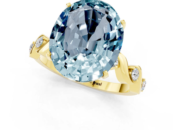 Yellow gold Oval Cut Aquamarine Solitaire Twisted Band with Round  Accents and Prong Setting