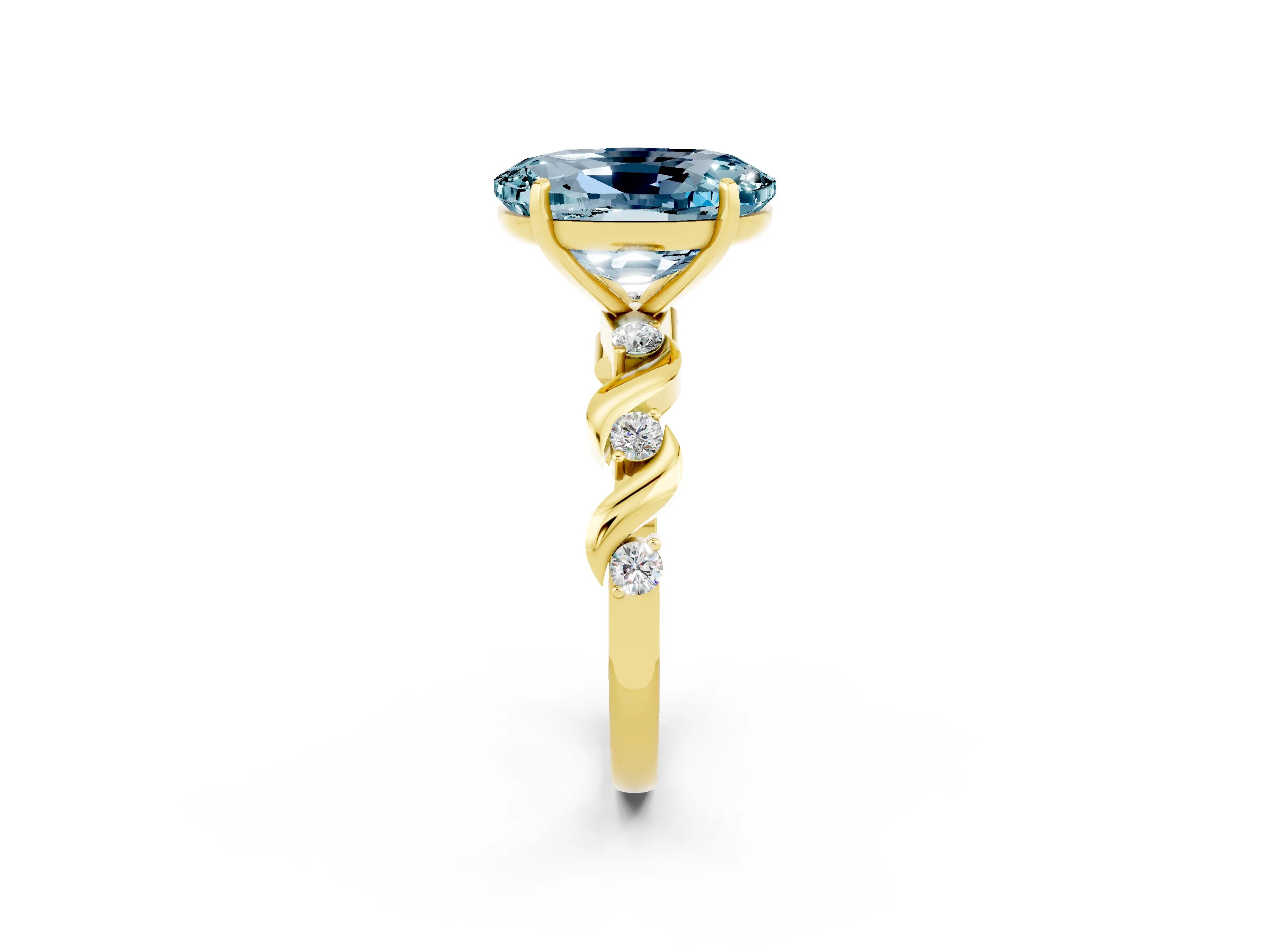 Yellow gold Oval Cut Aquamarine Solitaire Twisted Band with Round  Accents and Prong Setting_14