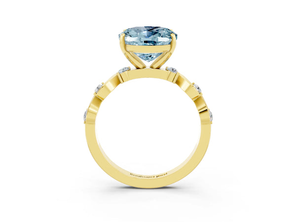 Yellow gold Oval Cut Aquamarine Solitaire Twisted Band with Round  Accents and Prong Setting