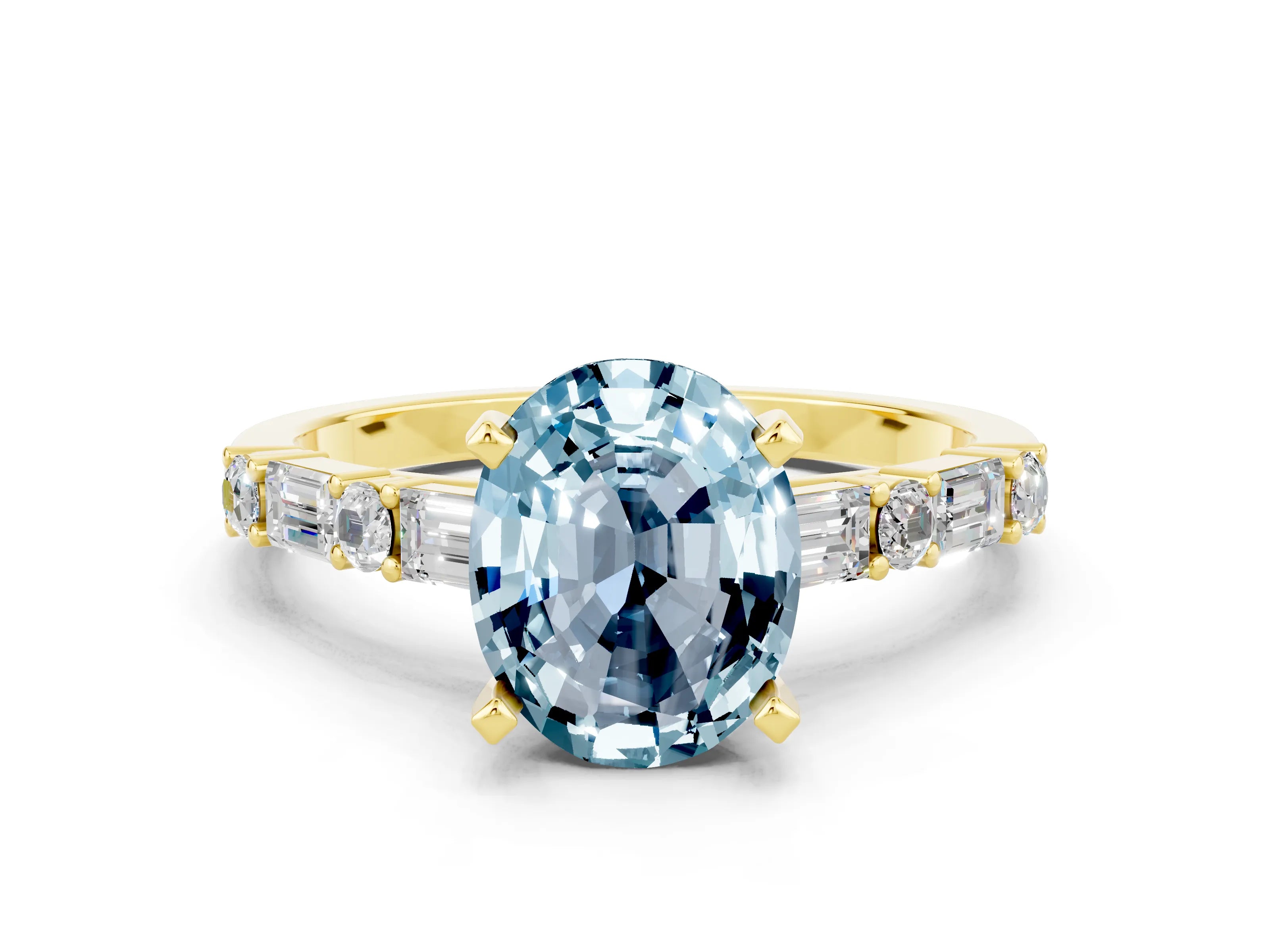 Yellow gold Oval Cut Aquamarine Solitaire with Side Baguettes and Channel Set Band
