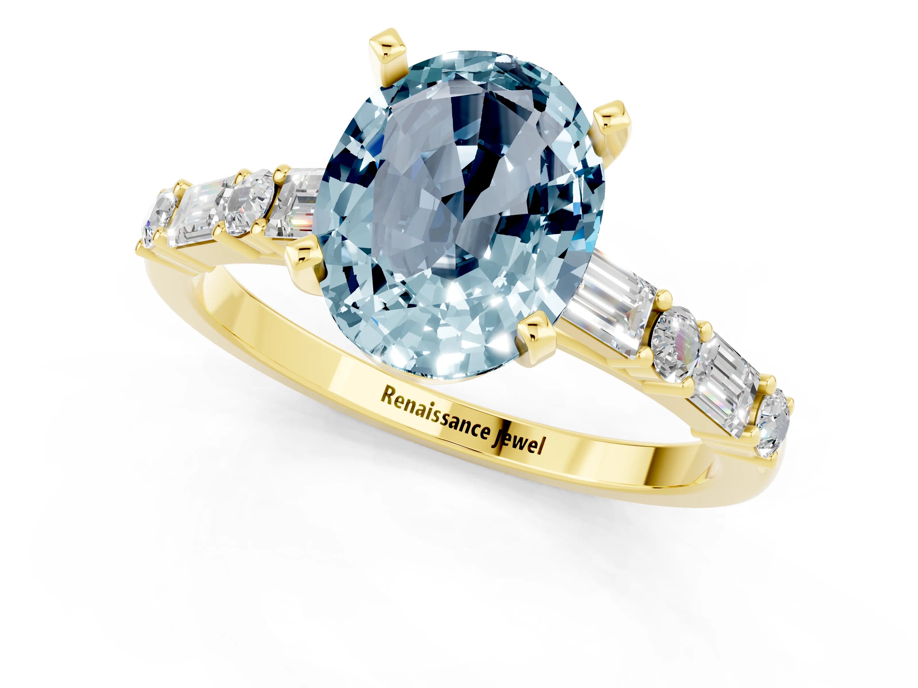 Yellow gold Oval Cut Aquamarine Solitaire with Side Baguettes and Channel Set Band_1