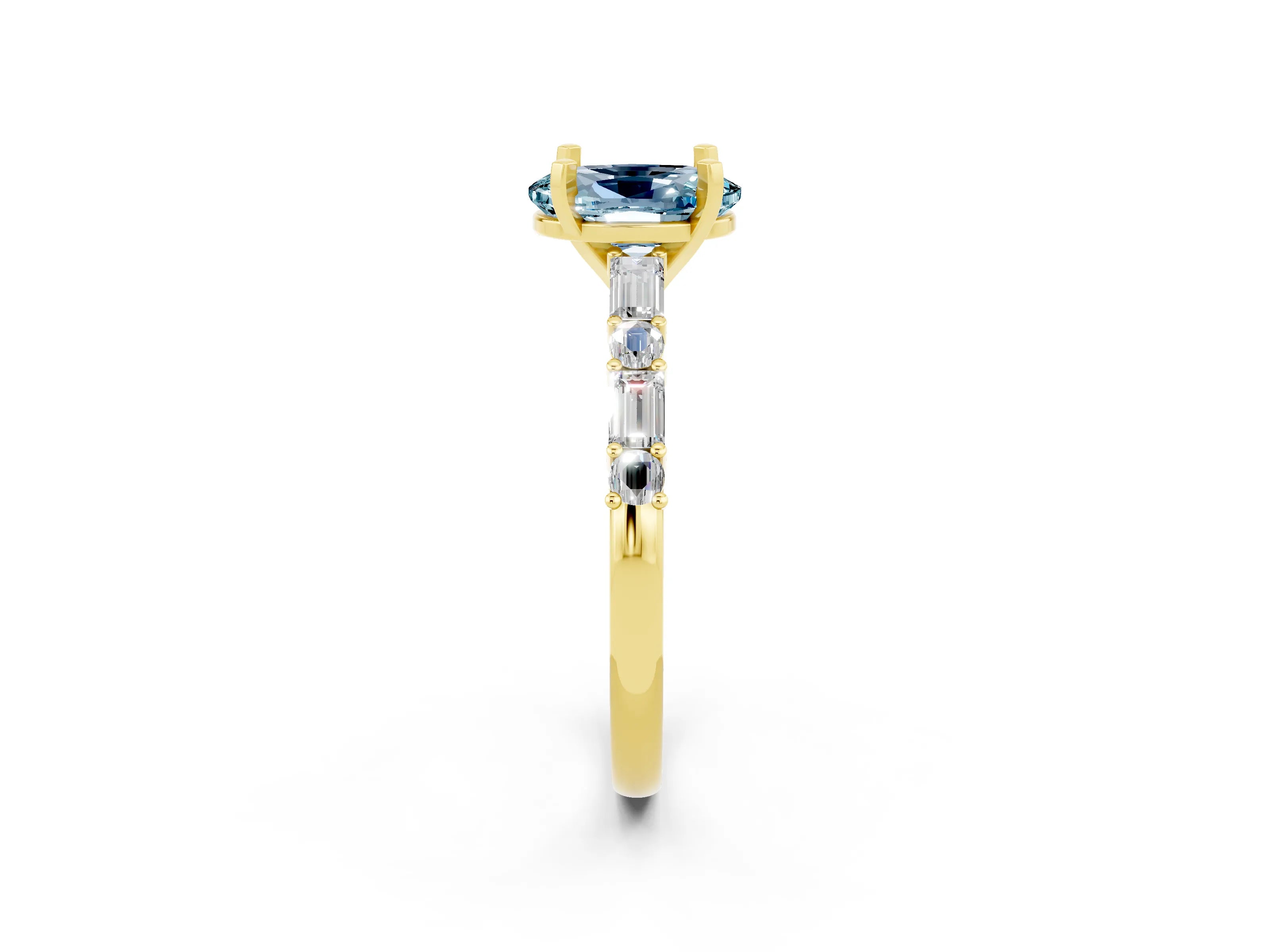 Yellow gold Oval Cut Aquamarine Solitaire with Side Baguettes and Channel Set Band_2