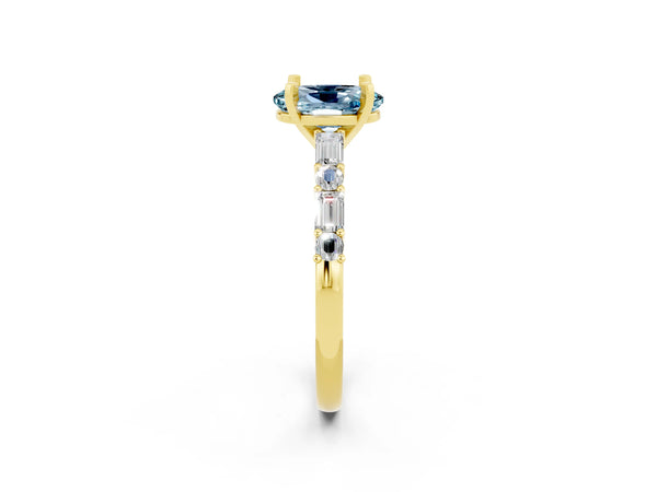Yellow gold Oval Cut Aquamarine Solitaire with Side Baguettes and Channel Set Band