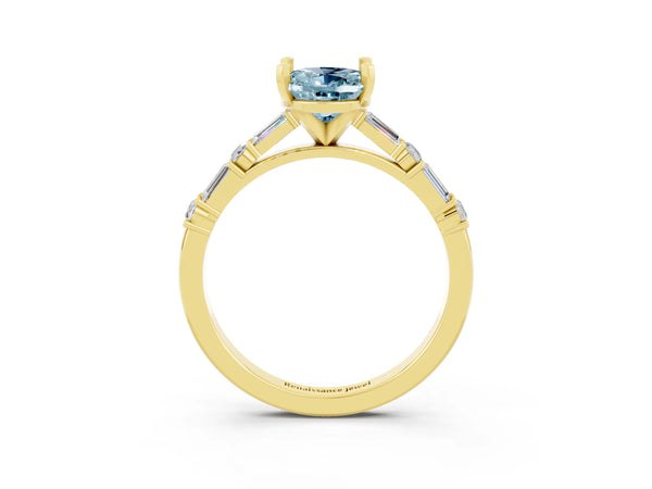 Yellow gold Oval Cut Aquamarine Solitaire with Side Baguettes and Channel Set Band