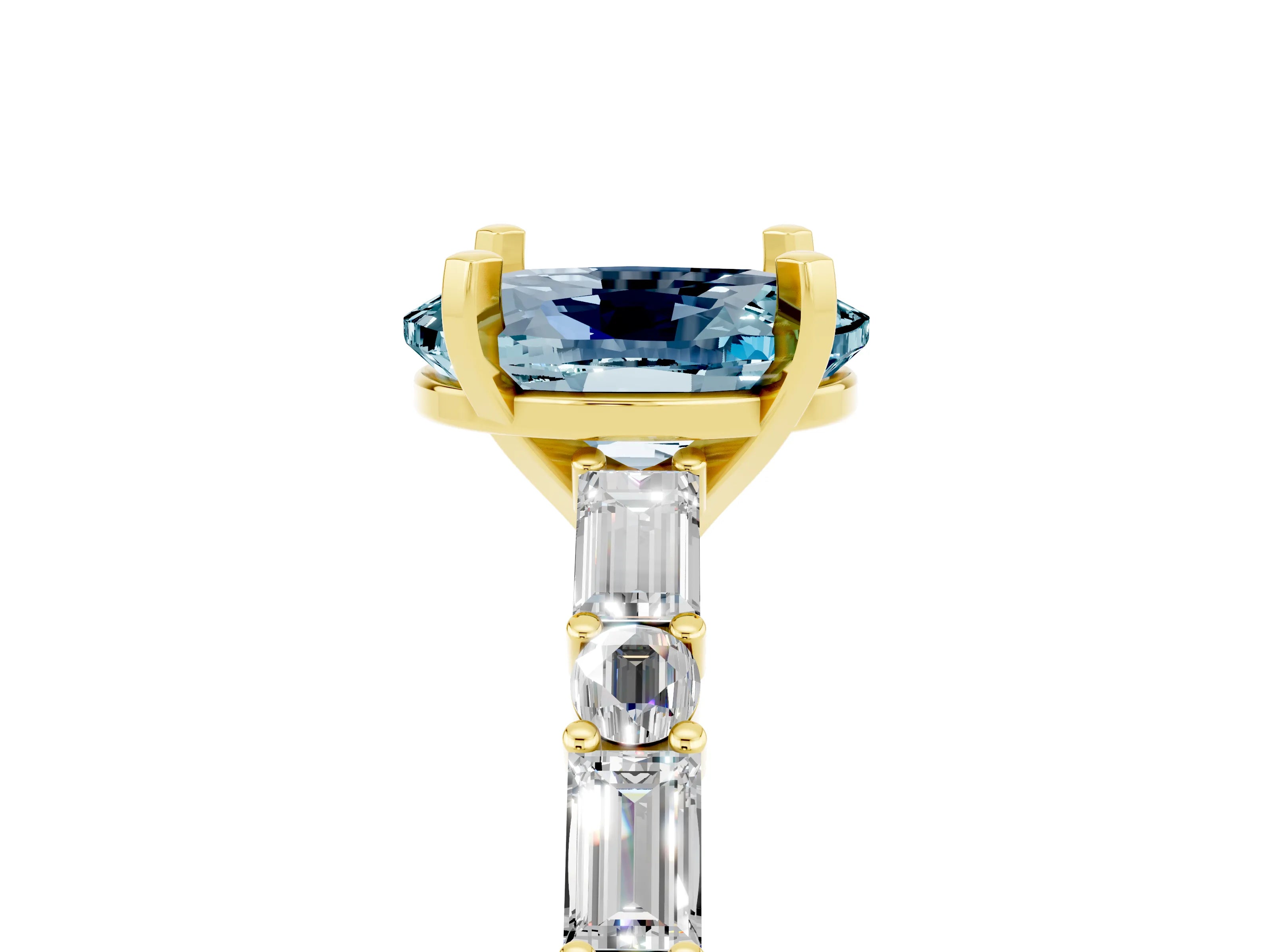 Yellow gold Oval Cut Aquamarine Solitaire with Side Baguettes and Channel Set Band_5