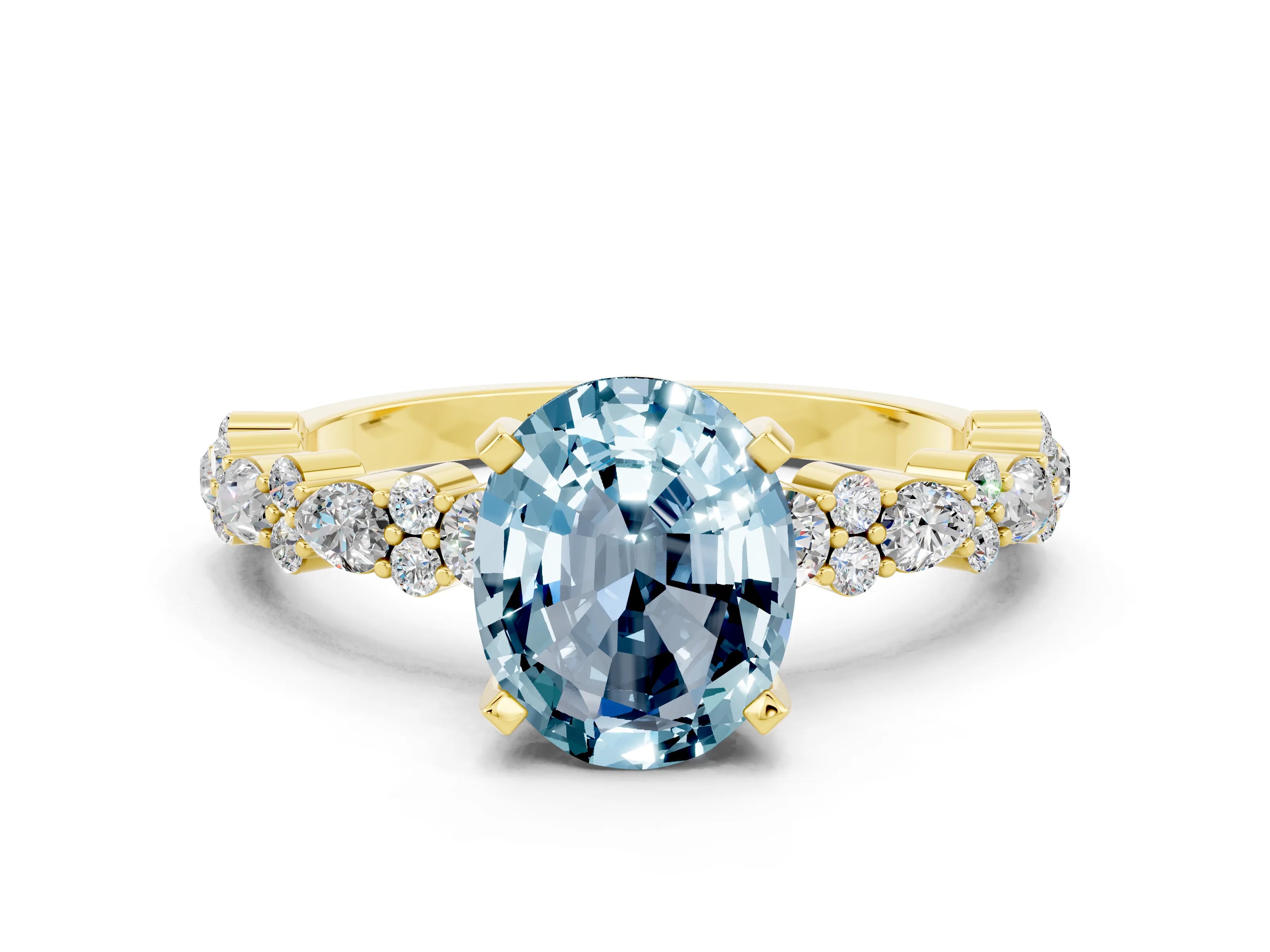Yellow gold Oval Cut Aquamarine Solitaire with Side Stones, Pave Band, Four-Prong Setting_24