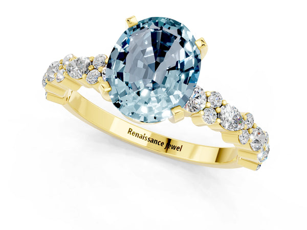 Yellow gold Oval Cut Aquamarine Side Stone Solitaire Ring with Round  and Four-Prong Setting