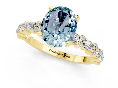 Yellow gold Oval Cut Aquamarine Solitaire with Side Stones, Pave Band, Four-Prong Setting_25