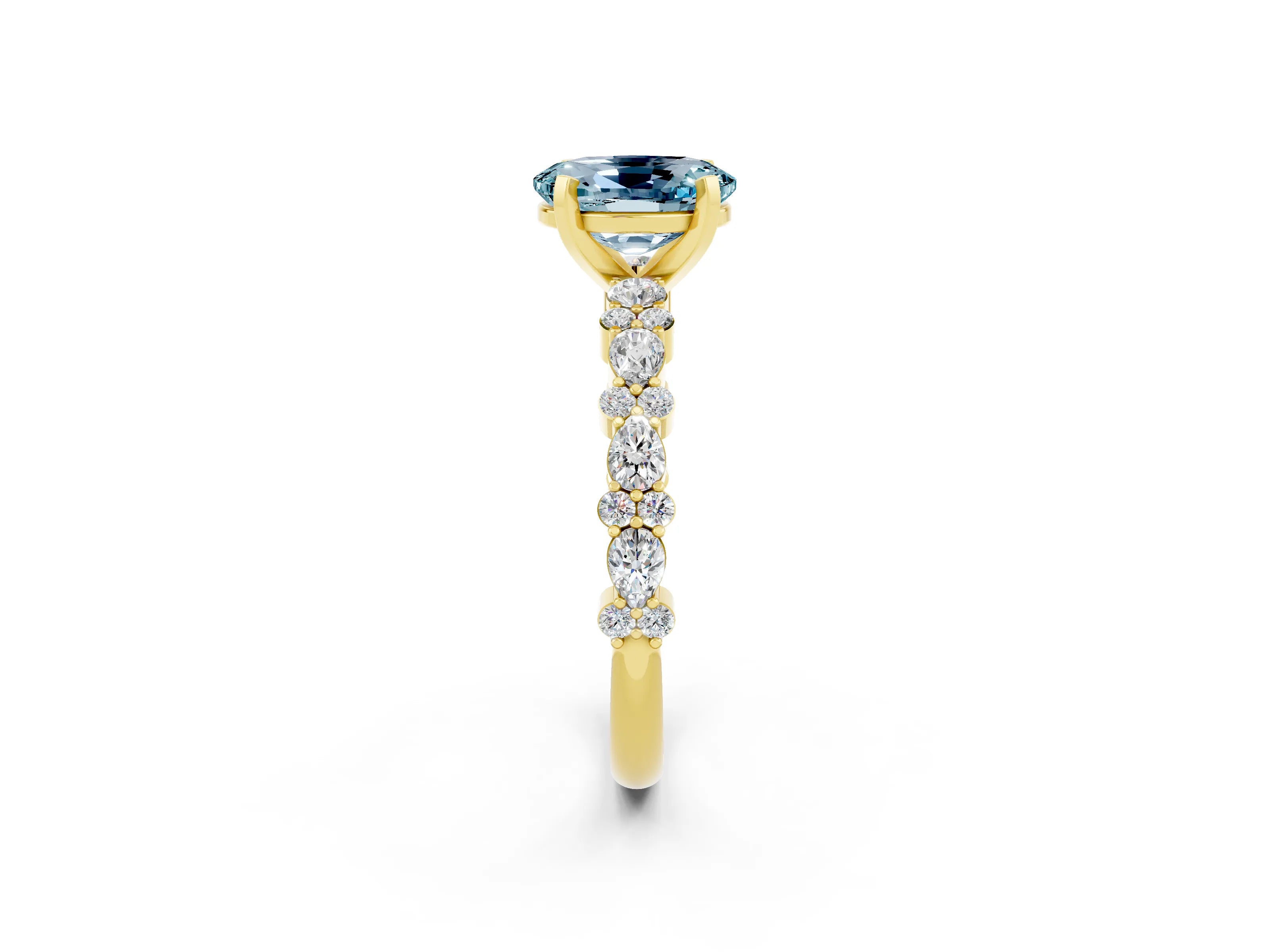 Yellow gold Oval Cut Aquamarine Solitaire with Side Stones, Pave Band, Four-Prong Setting_26