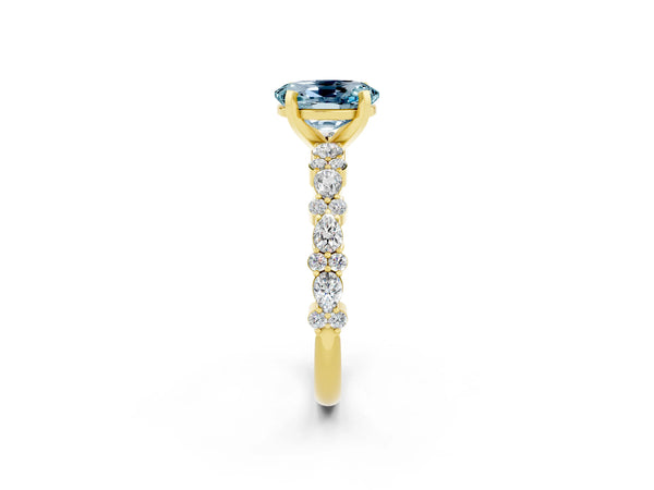 Yellow gold Oval Cut Aquamarine Side Stone Solitaire Ring with Round  and Four-Prong Setting