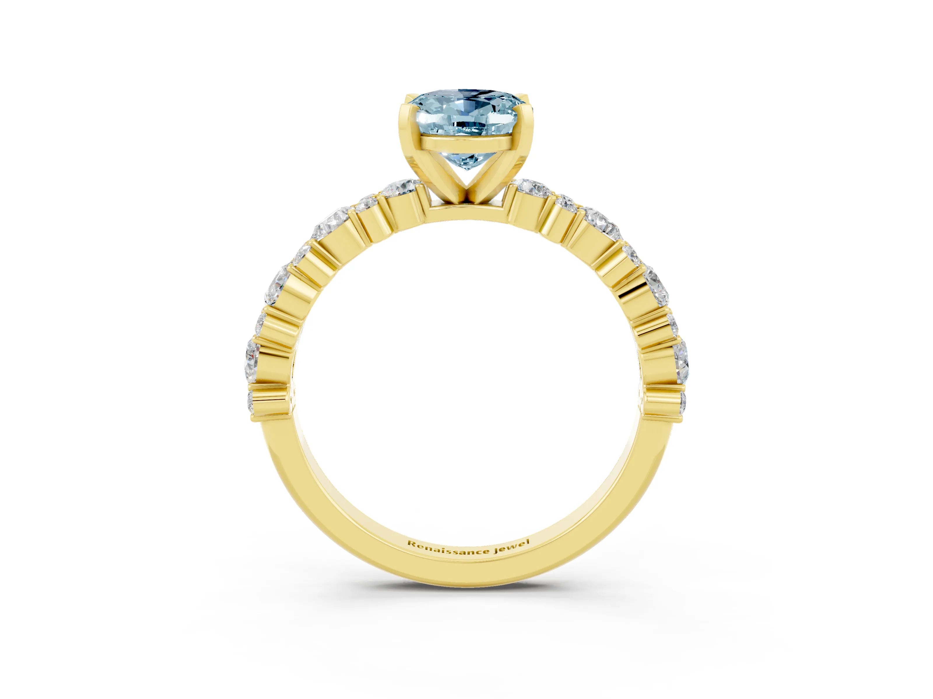 Yellow gold Oval Cut Aquamarine Solitaire with Side Stones, Pave Band, Four-Prong Setting_27