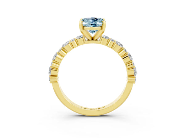 Yellow gold Oval Cut Aquamarine Side Stone Solitaire Ring with Round  and Four-Prong Setting