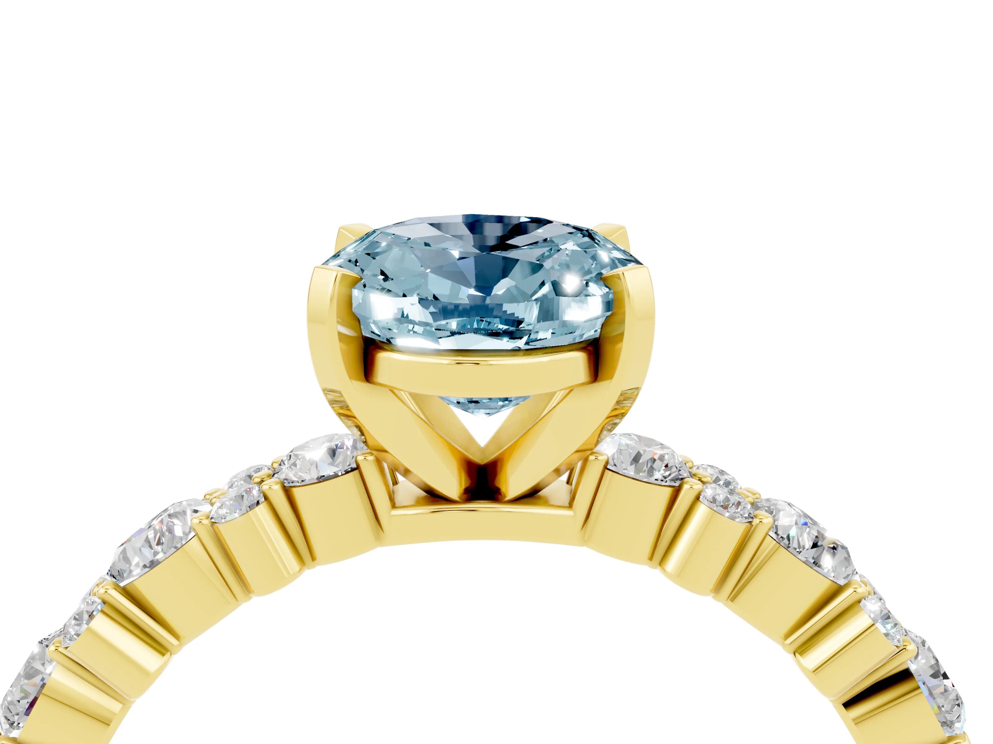 Yellow gold Oval Cut Aquamarine Solitaire with Side Stones, Pave Band, Four-Prong Setting_28