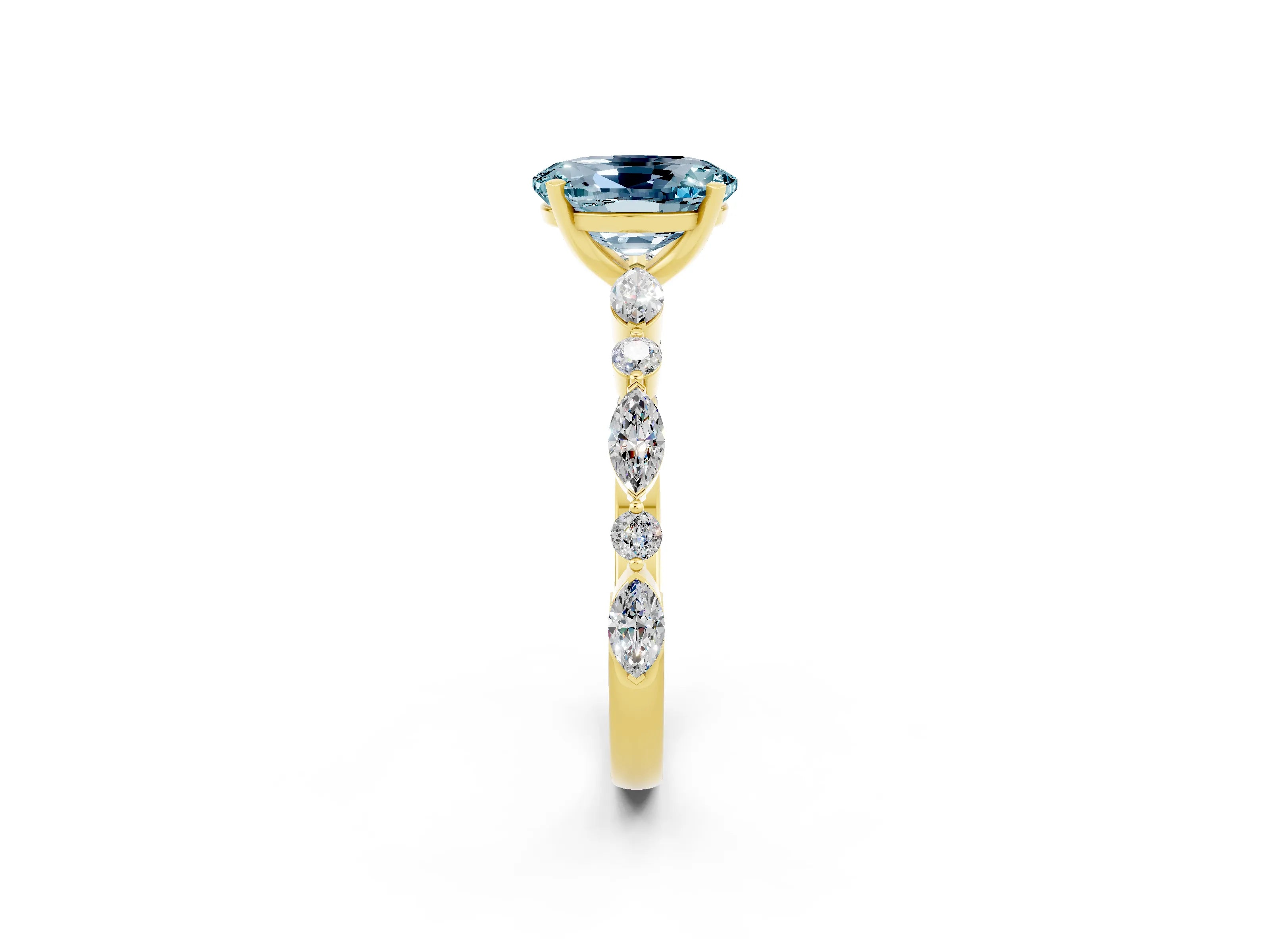 Yellow gold Oval Cut Aquamarine Solitaire with Side Stones on a Pavé Band and Four-Prong Setting_2