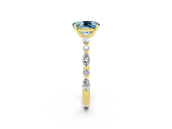 Yellow gold Oval Cut Aquamarine Ring with Marquise and Round  Side Stones and Four-Prong Setting