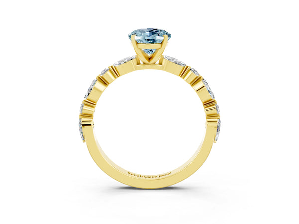 Yellow gold Oval Cut Aquamarine Ring with Marquise and Round  Side Stones and Four-Prong Setting