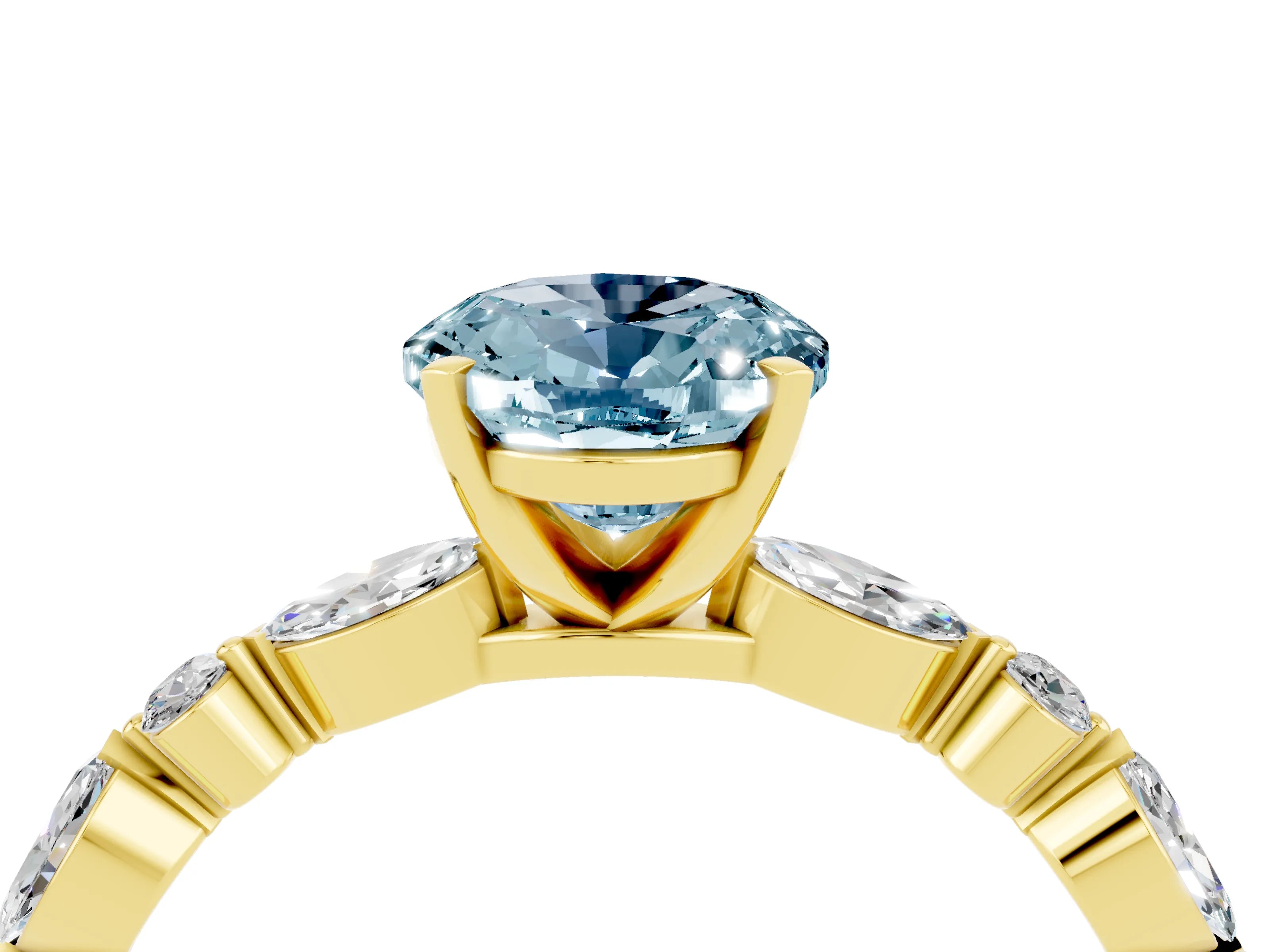 Yellow gold Oval Cut Aquamarine Solitaire with Side Stones on a Pavé Band and Four-Prong Setting_4