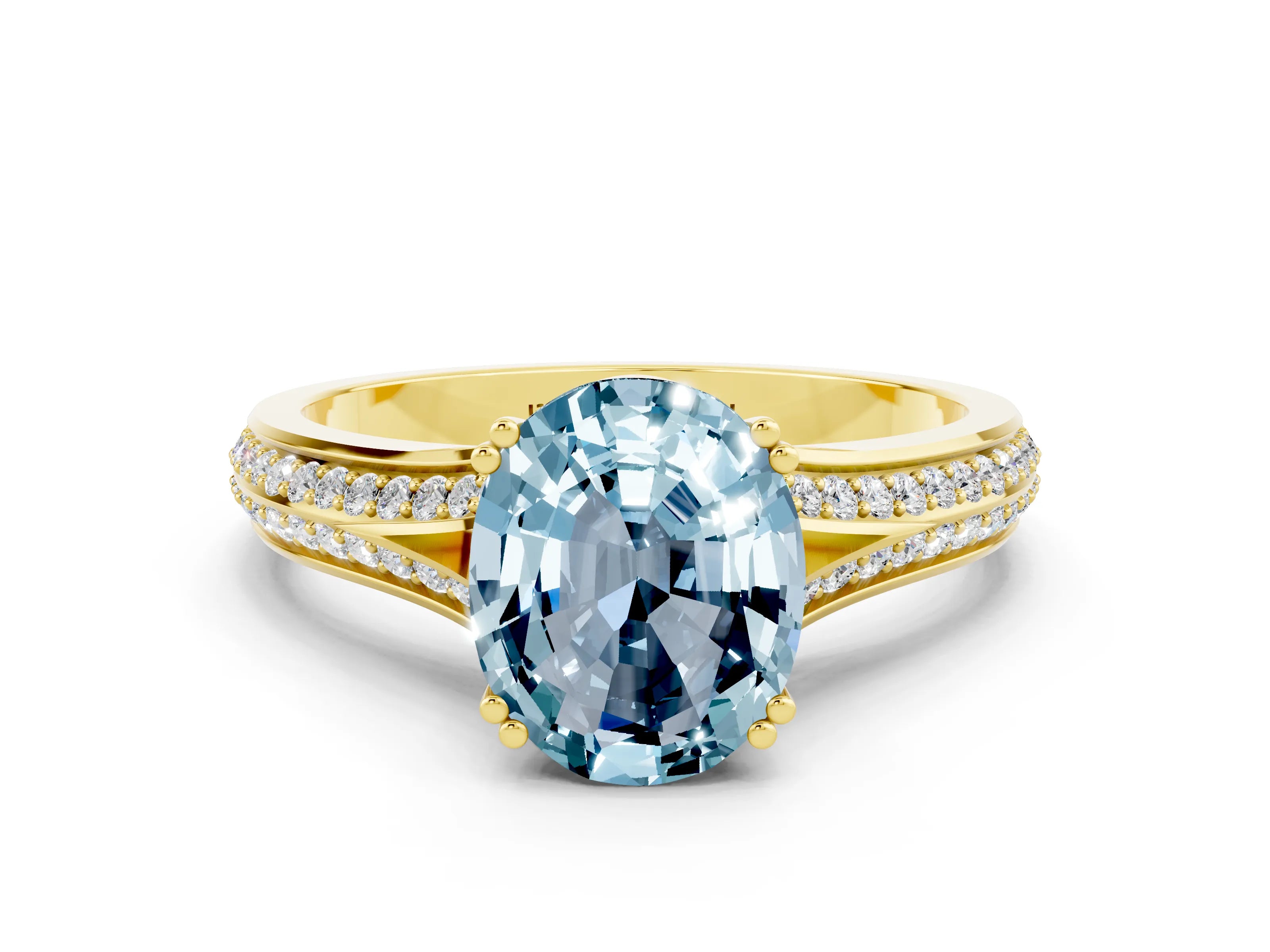 Yellow gold Oval Cut Aquamarine Split Shank Engagement Ring with Pavé Band