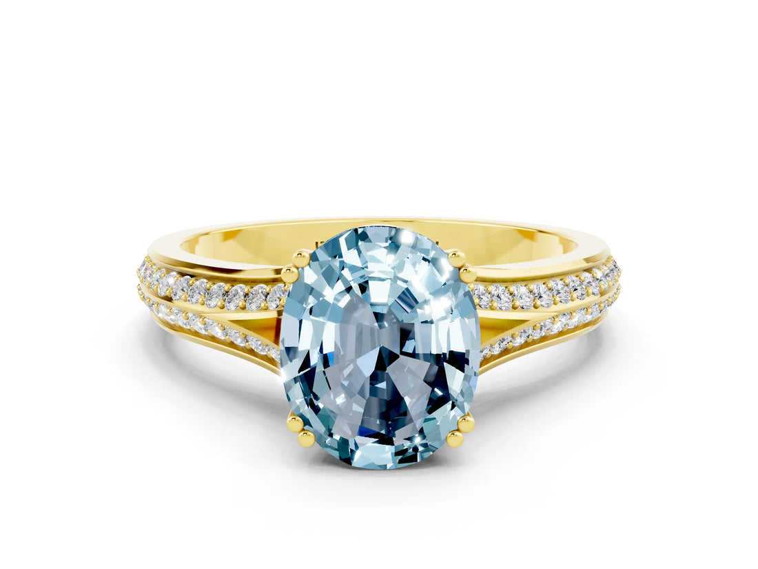 Yellow gold Oval Cut Aquamarine Split Shank Engagement Ring with Pavé Band