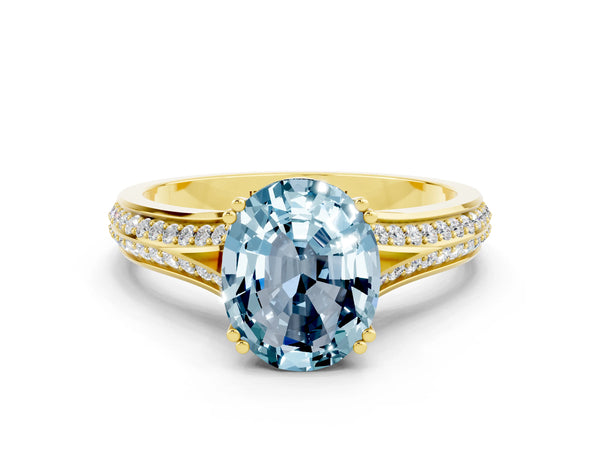 Yellow gold Oval Cut Aquamarine Split Shank Engagement Ring with Pavé Band
