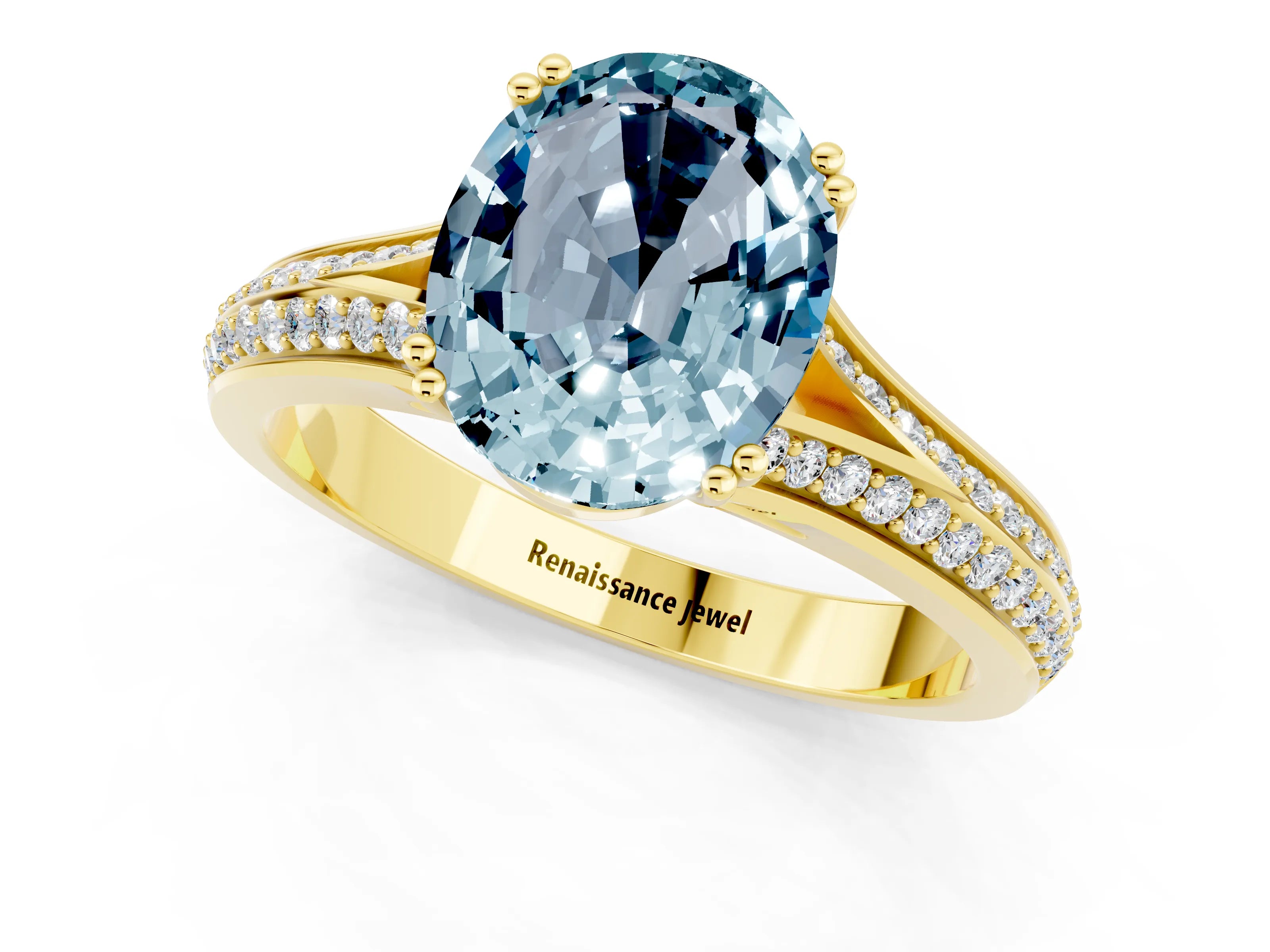 Yellow gold Oval Cut Aquamarine Split Shank Engagement Ring with Pavé Band_1