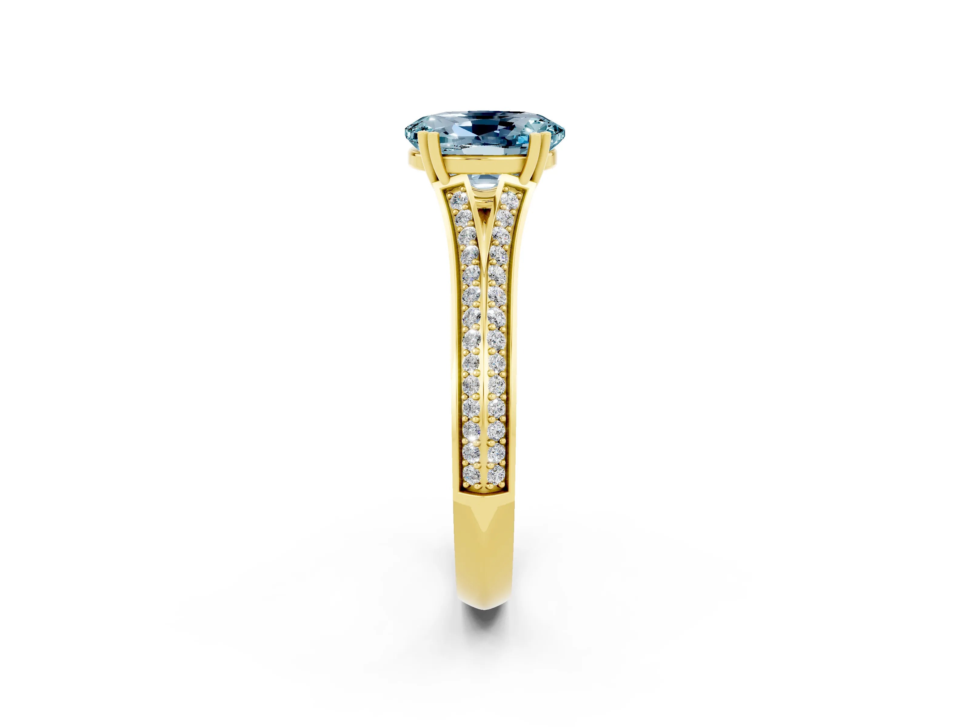 Yellow gold Oval Cut Aquamarine Split Shank Engagement Ring with Pavé Band_2