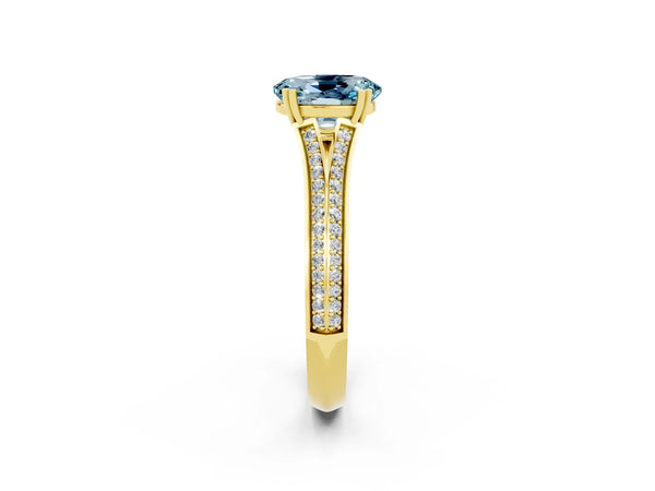 Yellow gold Oval Cut Aquamarine Split Shank Engagement Ring with Pavé Band