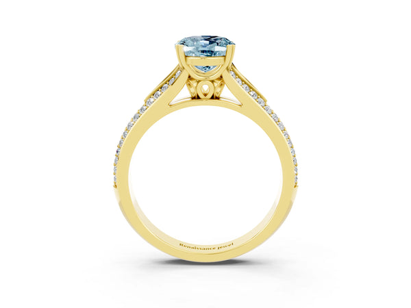 Yellow gold Oval Cut Aquamarine Split Shank Engagement Ring with Pavé Band