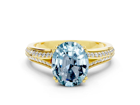Yellow gold Oval Cut Aquamarine Split Shank Engagement Ring with Pavé Band