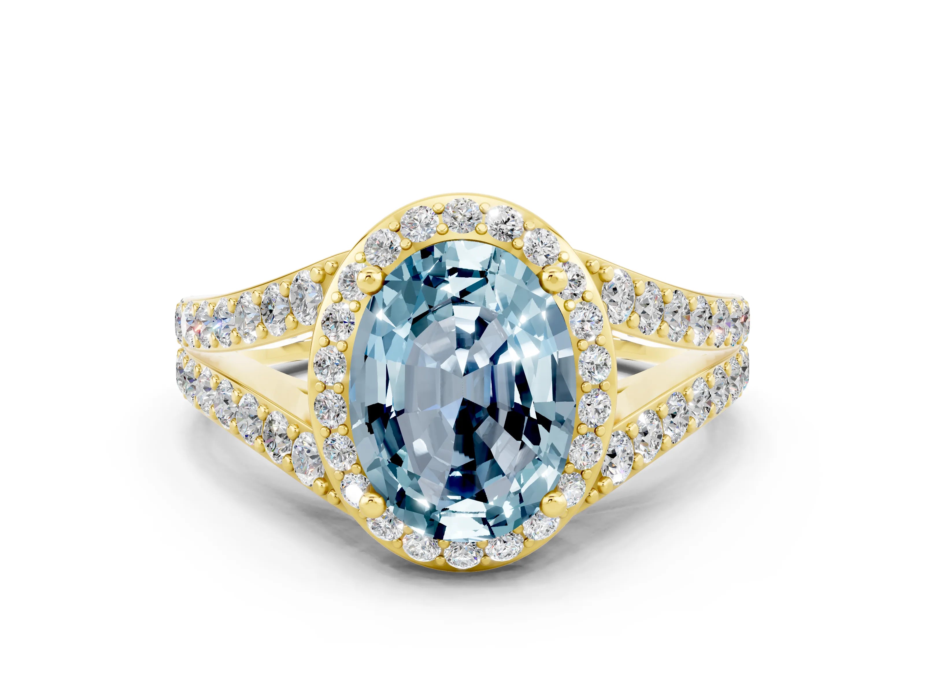 Yellow gold Oval Cut Aquamarine Split Shank Halo Ring with Four-Prong Setting_12