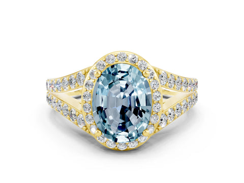 Yellow gold Oval Cut Aquamarine Split Shank Halo Ring with Four-Prong Setting_12