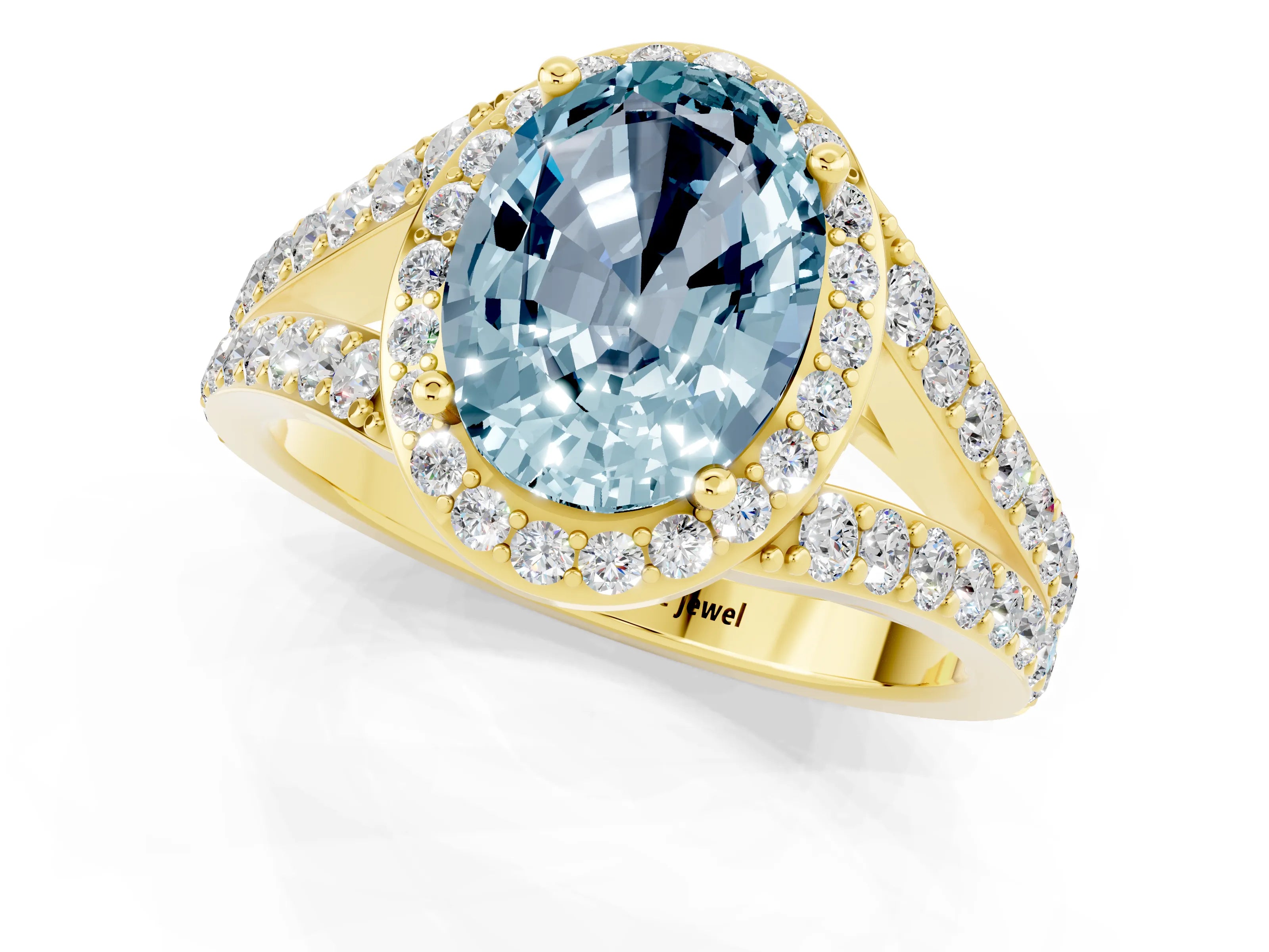 Yellow gold Oval Cut Aquamarine Split Shank Halo Ring with Four-Prong Setting_13