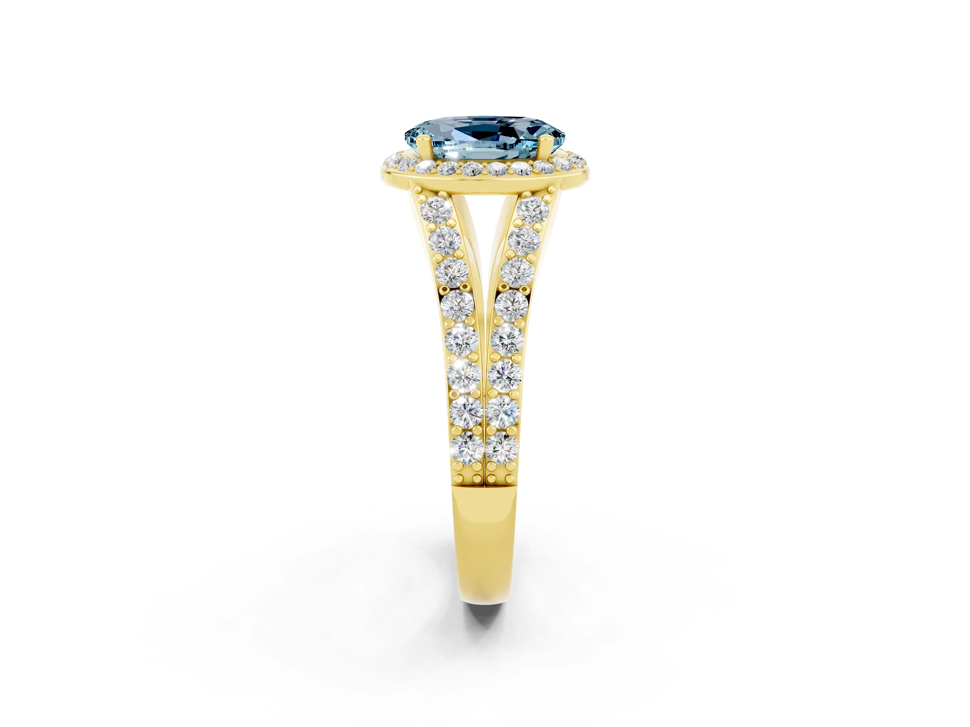 Yellow gold Oval Cut Aquamarine Split Shank Halo Ring with Four-Prong Setting_14