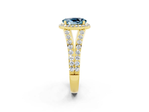 Yellow gold Oval Cut Aquamarine Split Shank Halo Ring with Four-Prong Setting