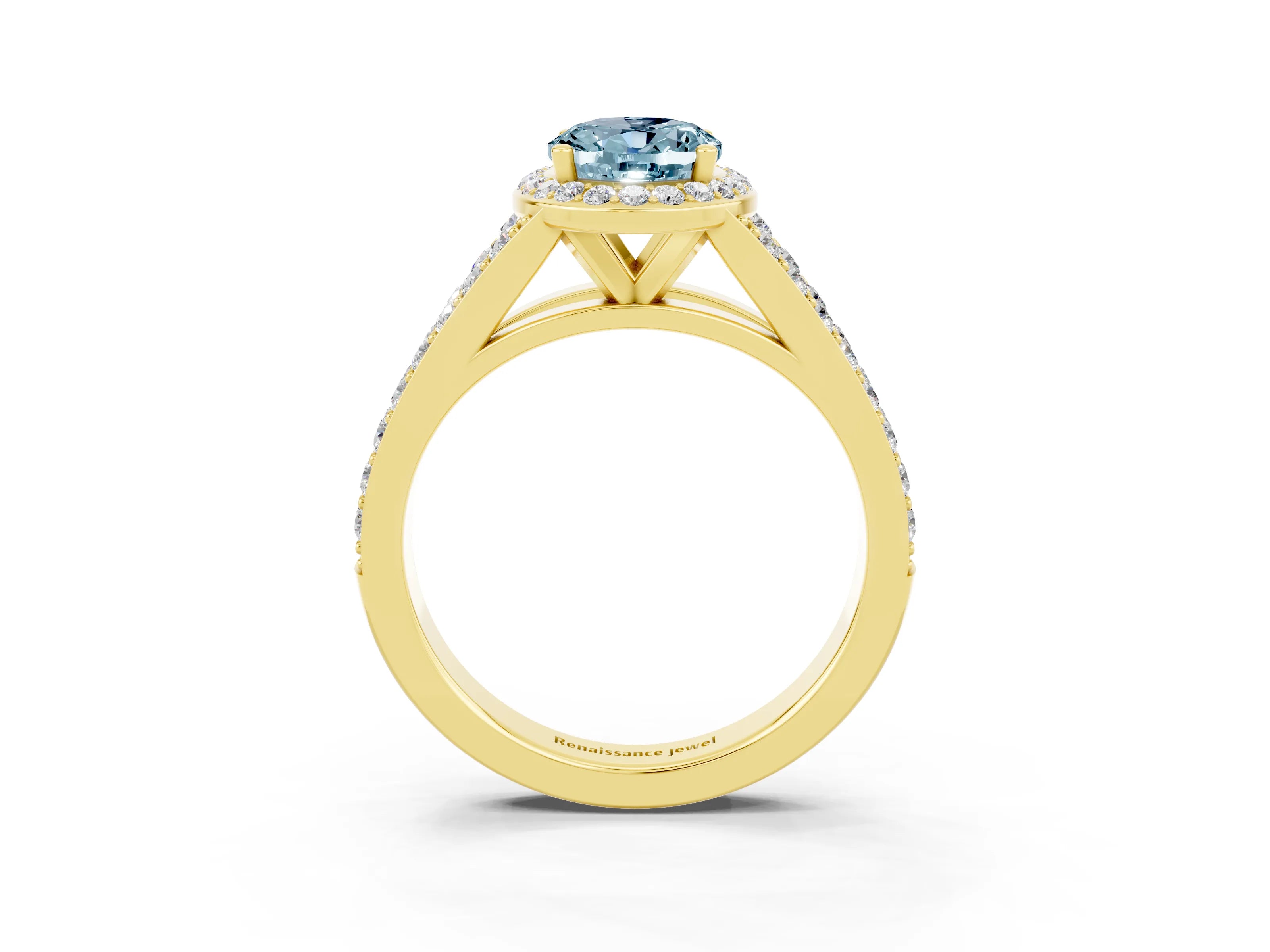 Yellow gold Oval Cut Aquamarine Split Shank Halo Ring with Four-Prong Setting_15