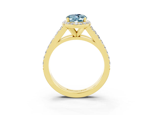 Yellow gold Oval Cut Aquamarine Split Shank Halo Ring with Four-Prong Setting