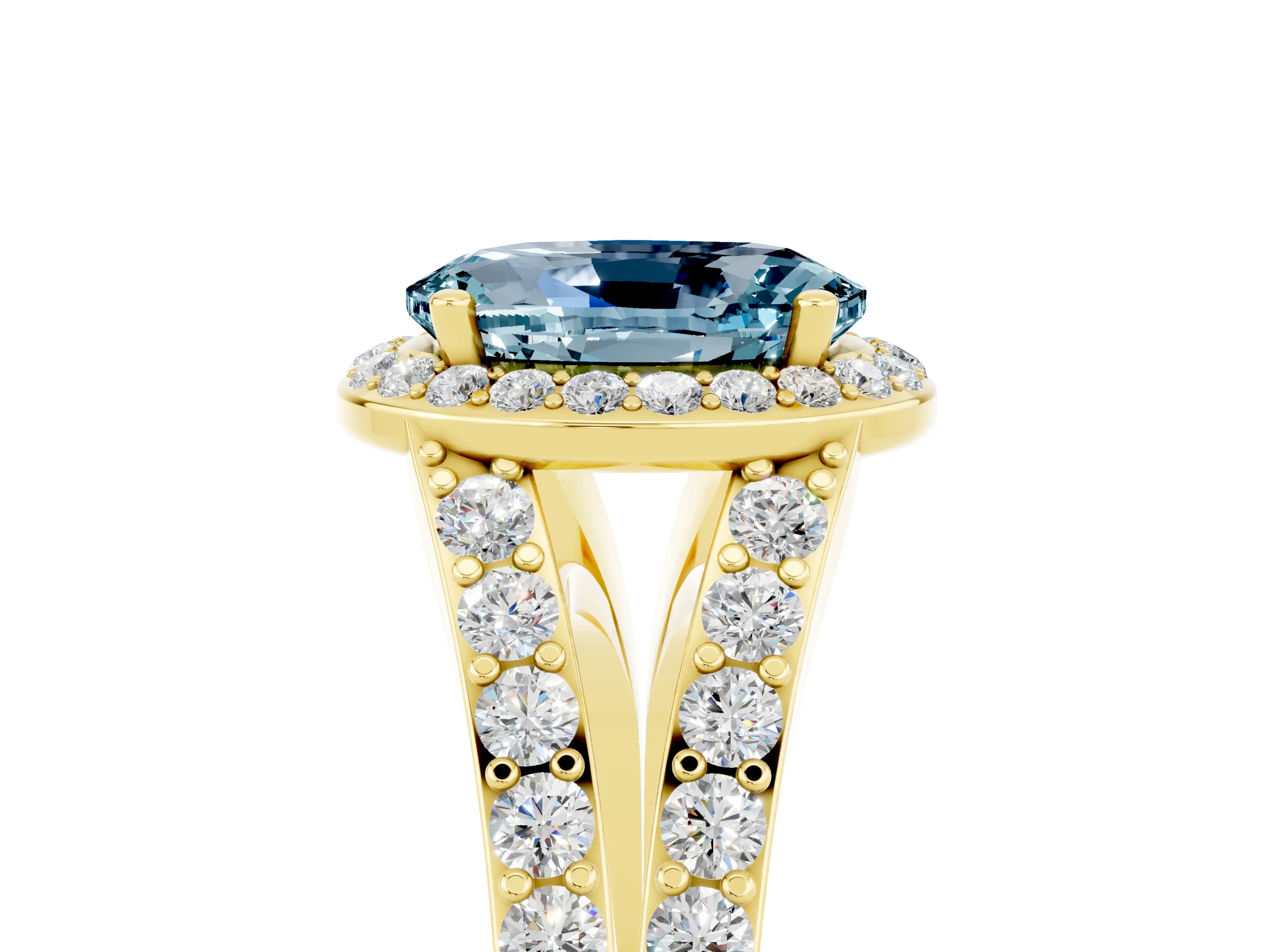 Yellow gold Oval Cut Aquamarine Split Shank Halo Ring with Four-Prong Setting_17
