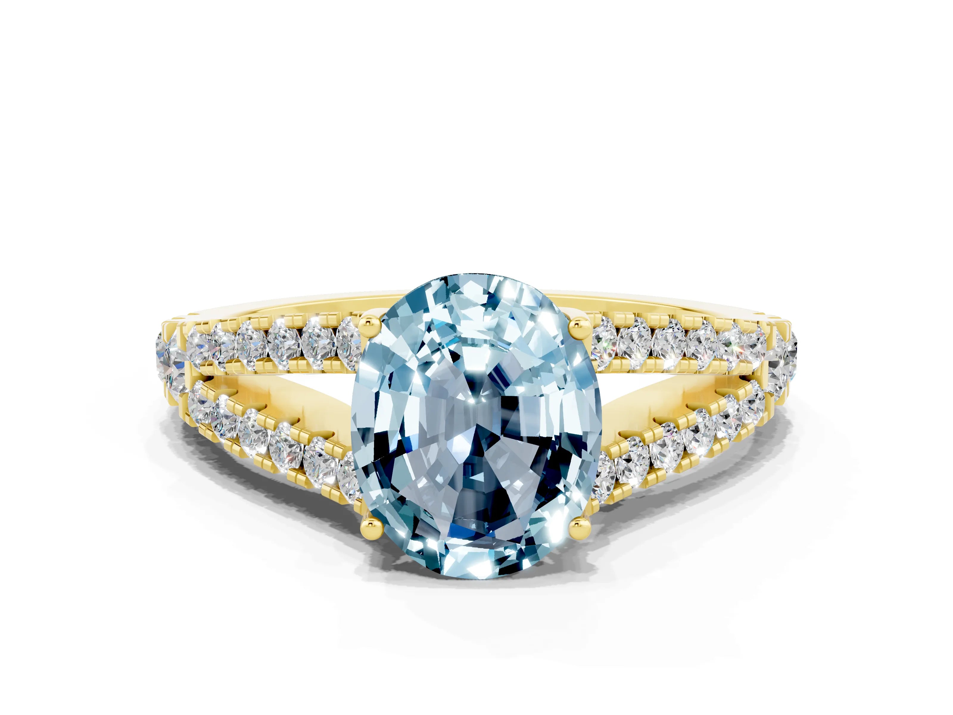 Yellow gold Oval Cut Aquamarine Split Shank Pavé Engagement Ring with Four-Prong Setting_12