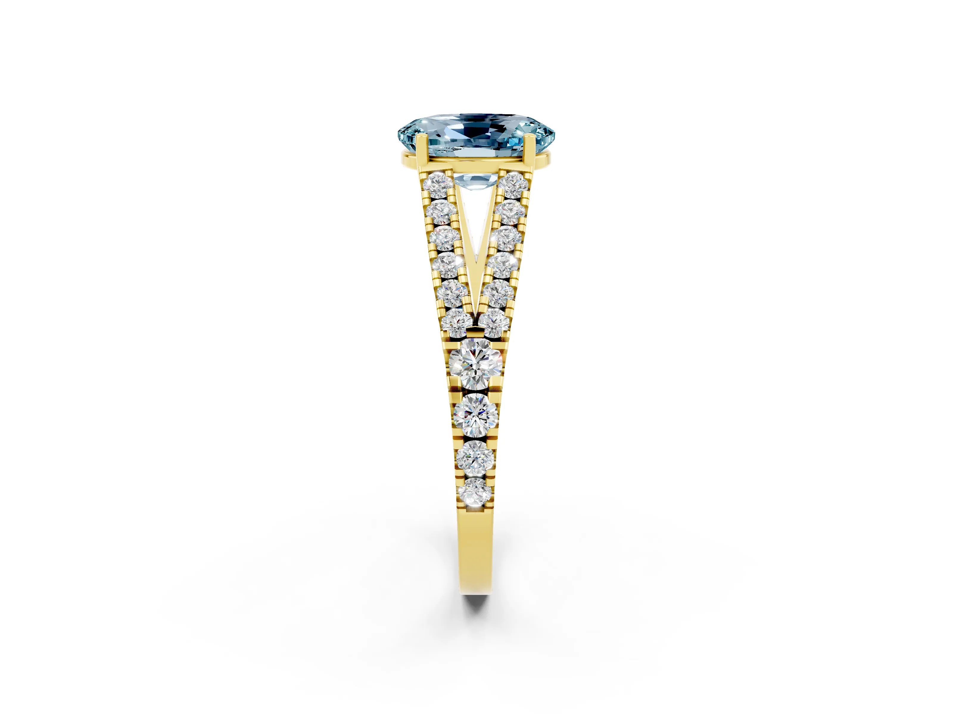 Yellow gold Oval Cut Aquamarine Split Shank Pavé Engagement Ring with Four-Prong Setting_14