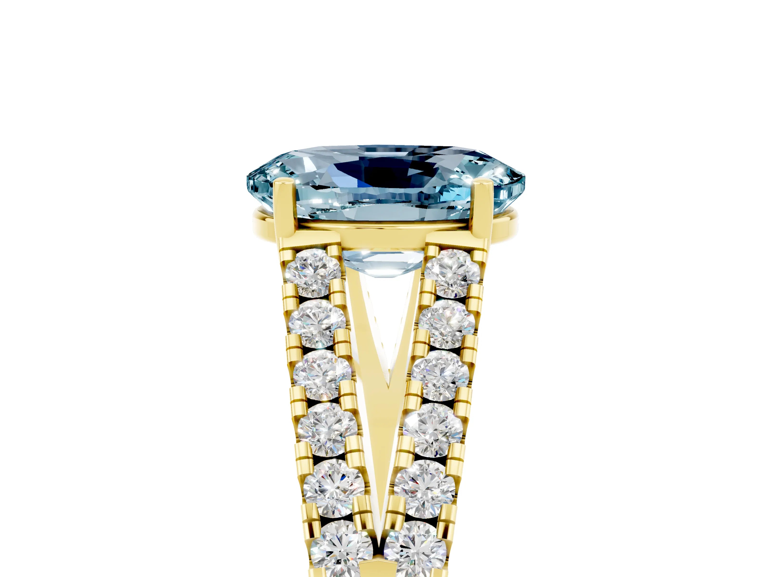 Yellow gold Oval Cut Aquamarine Split Shank Pavé Engagement Ring with Four-Prong Setting_17