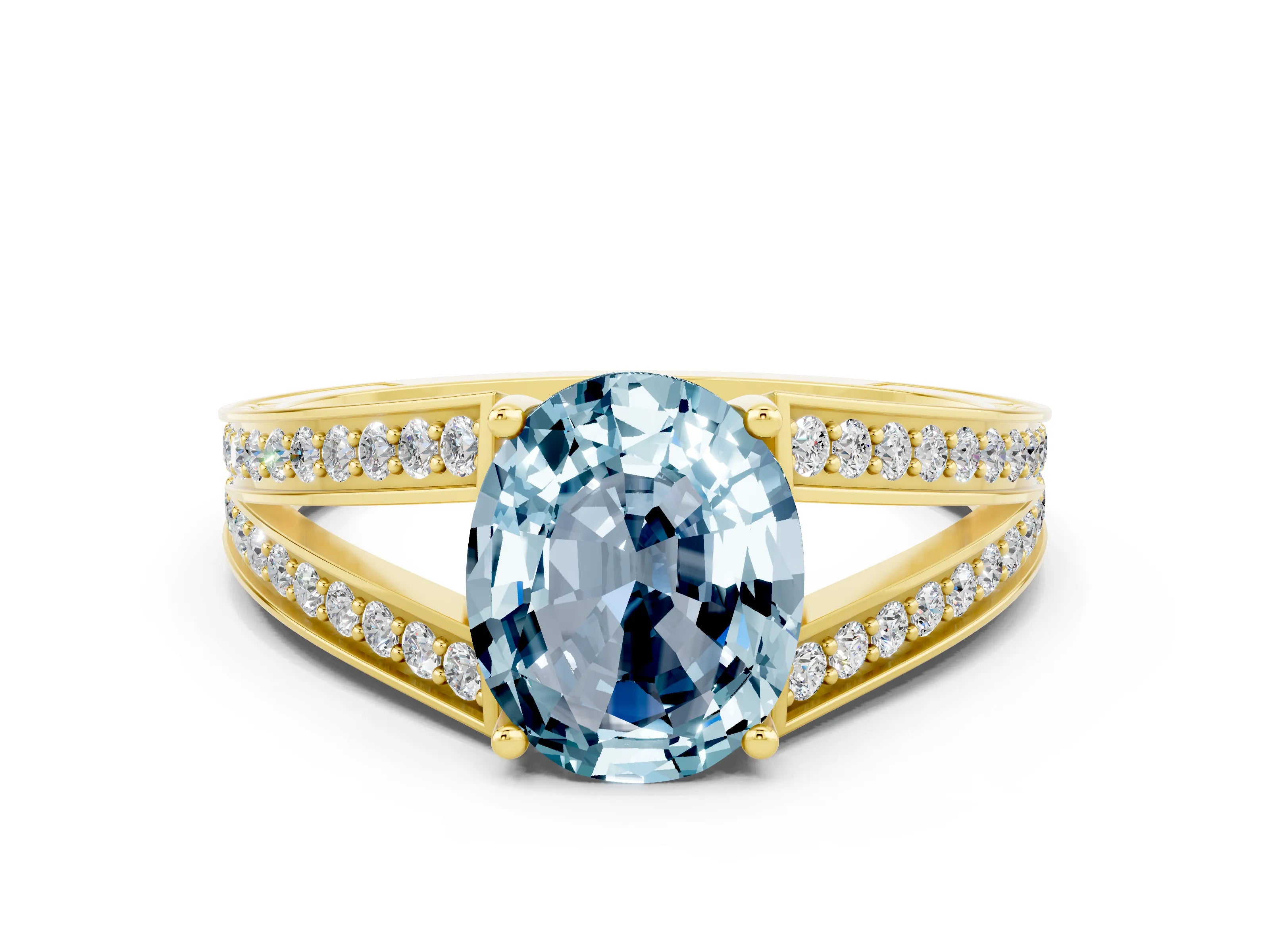 Yellow gold Oval Cut Aquamarine Split Shank Ring with Pavé Band and Four-Prong Setting