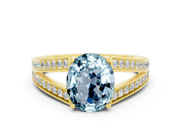 Yellow gold Oval Cut Aquamarine Split Shank Ring with Pavé Band and Four-Prong Setting