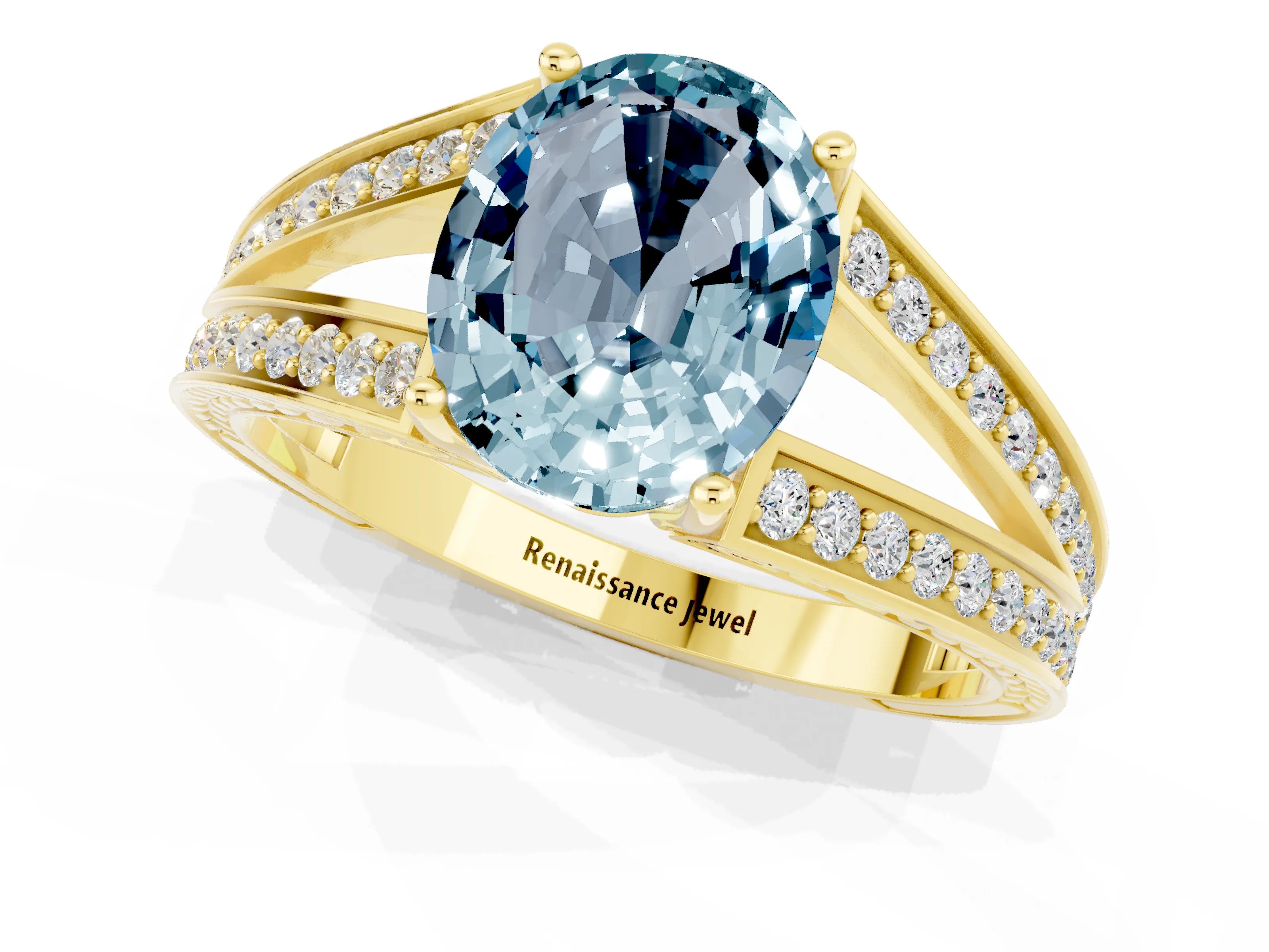 Yellow gold Oval Cut Aquamarine Split Shank Ring with Pavé Band and Four-Prong Setting_1