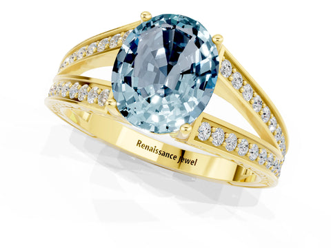Yellow gold Oval Cut Aquamarine Split Shank Ring with Pavé Band and Four-Prong Setting_1