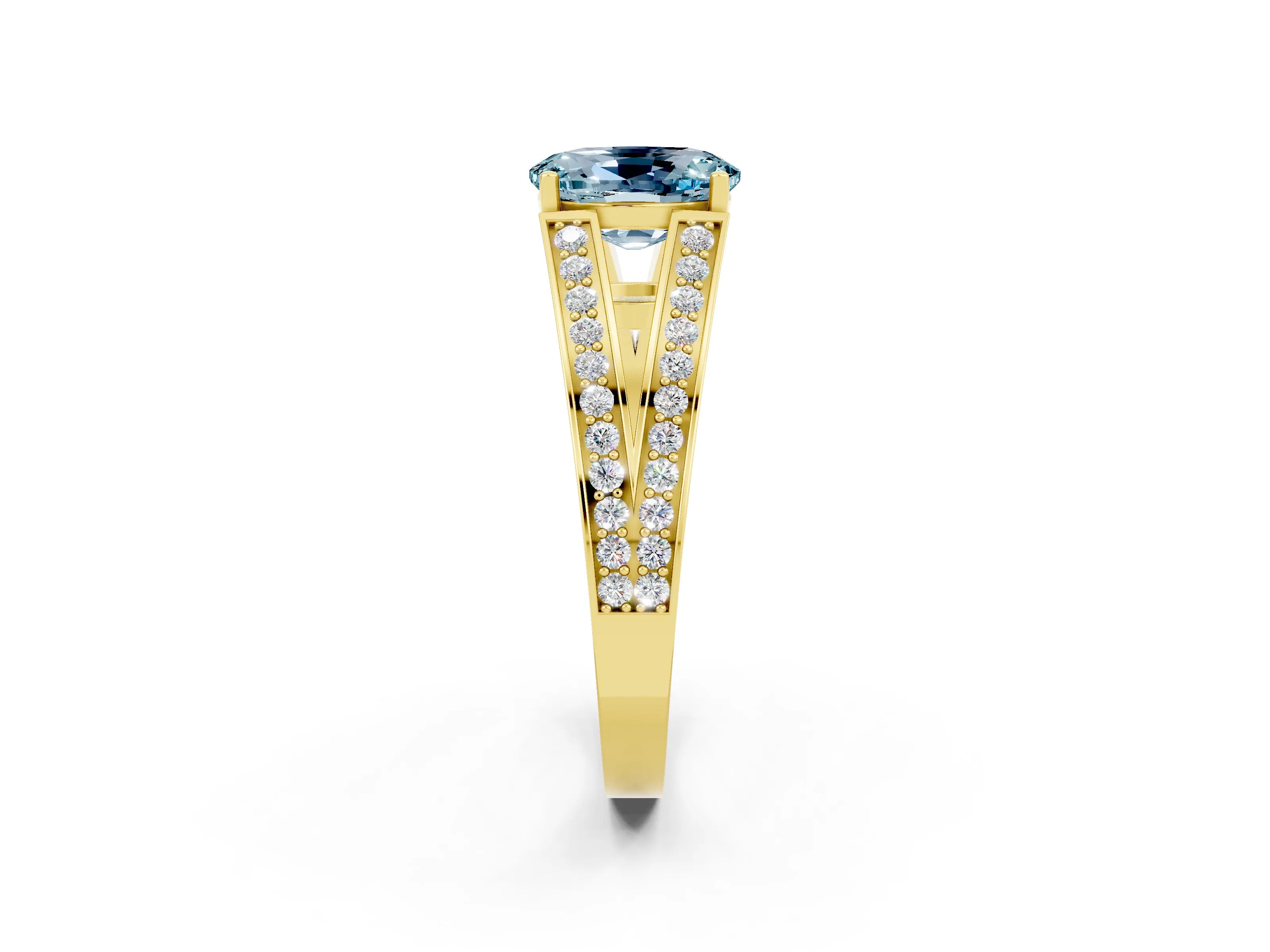 Yellow gold Oval Cut Aquamarine Split Shank Ring with Pavé Band and Four-Prong Setting_2