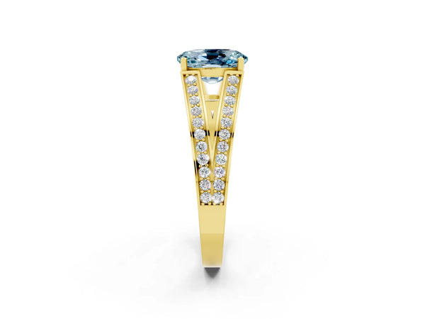 Yellow gold Oval Cut Aquamarine Split Shank Ring with Pavé Band and Four-Prong Setting
