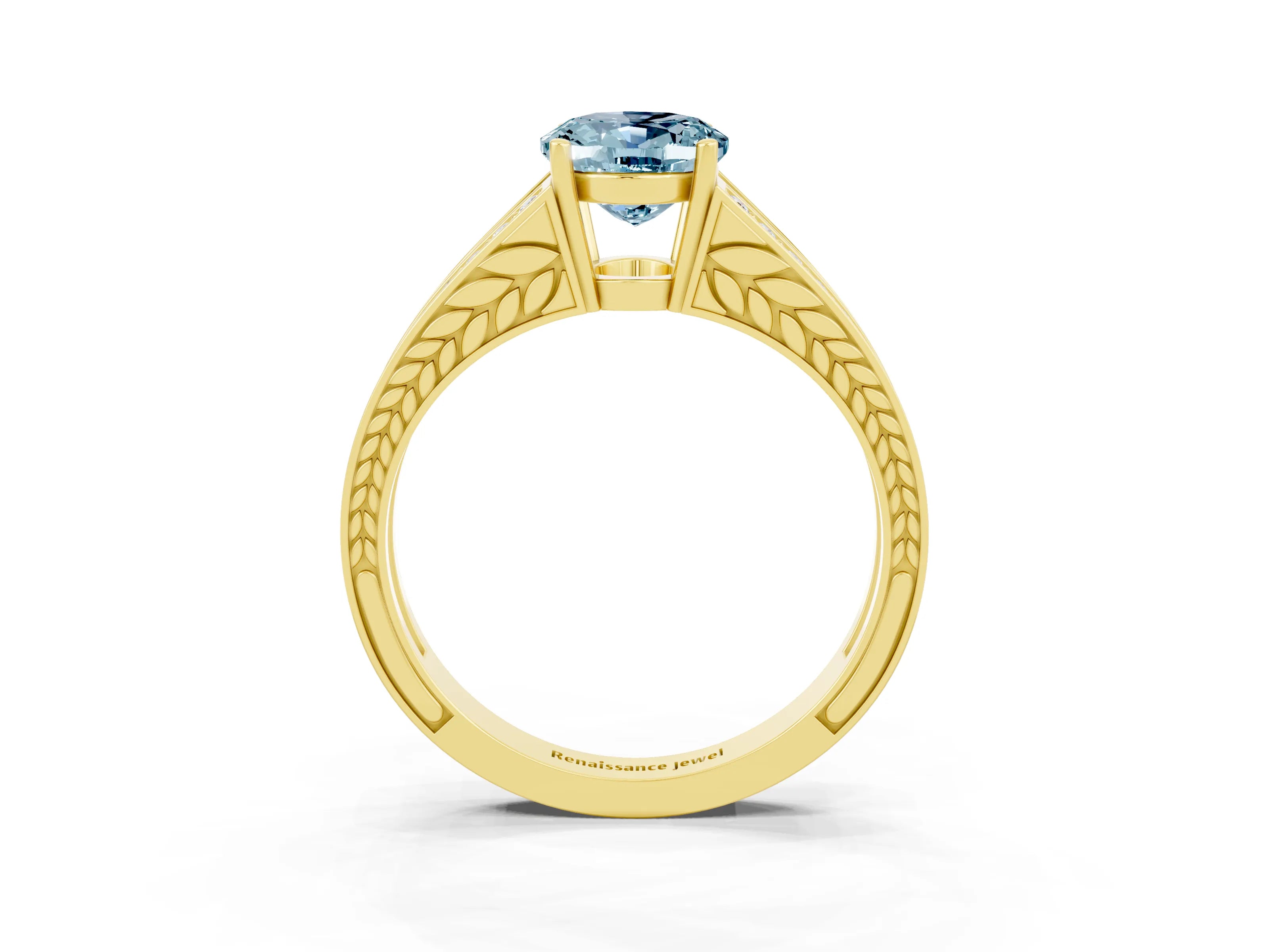 Yellow gold Oval Cut Aquamarine Split Shank Ring with Pavé Band and Four-Prong Setting_3